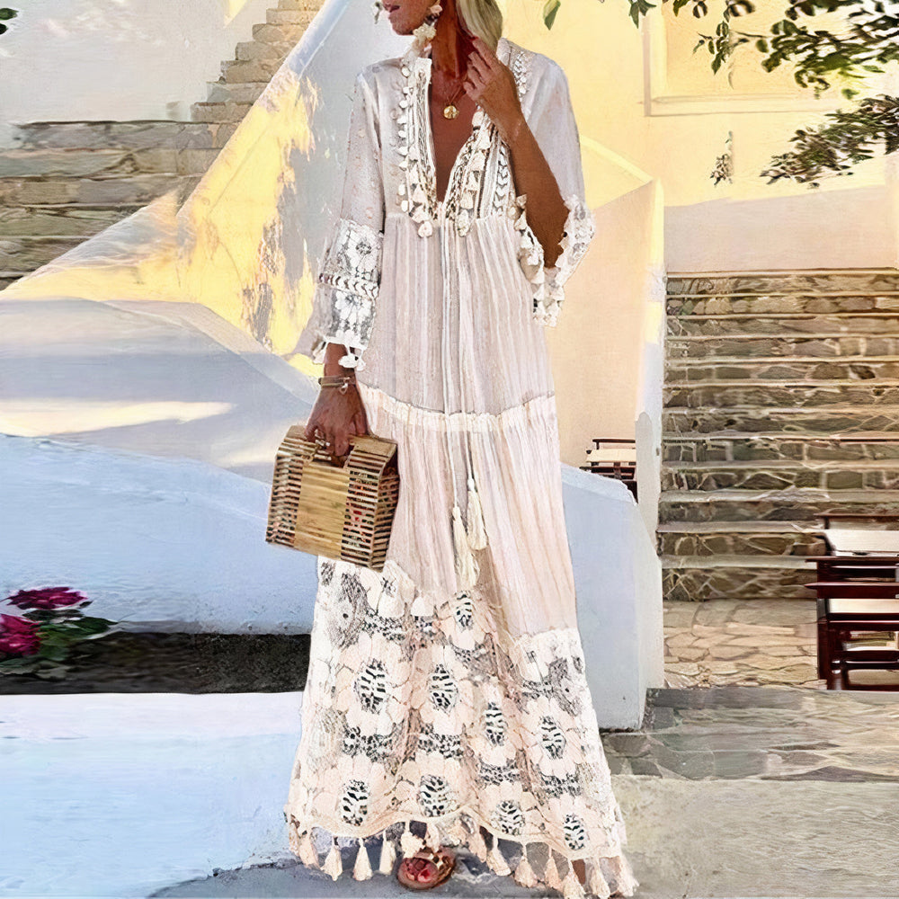 "Bohemian kanten maxi-jurk, luchtig wit kant, lange jurk, zomermode, verfijnde elegante stijl, ademend en veelzijdig"
