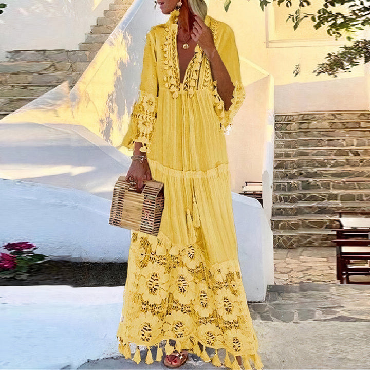 "Bohemian kanten maxi-jurk, luchtig wit kant, lange jurk, zomermode, verfijnde elegante stijl, ademend en veelzijdig"