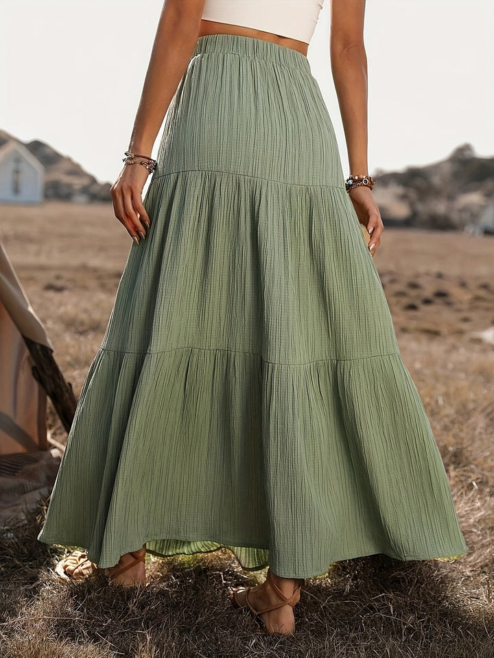 Comfortabele dames maxi rok met volant, perfecte zomerkleding voor stranddagen of casual bohemian stijl.