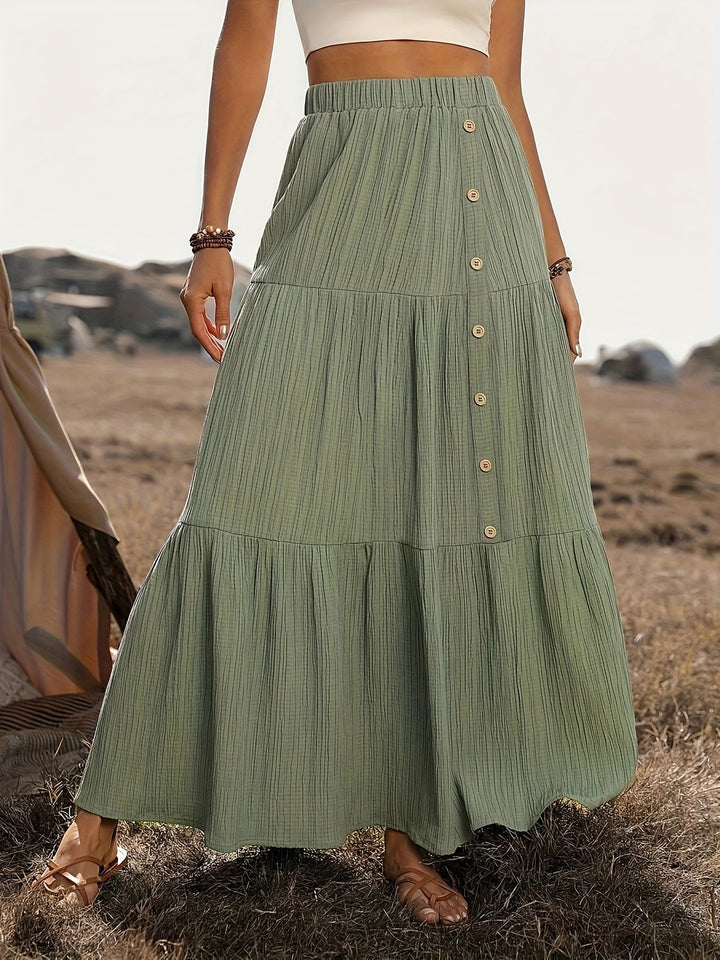 Luchtige dames bohemian rok met volantlagen, ideaal voor warme dagen en een relaxte, stijlvolle uitstraling.