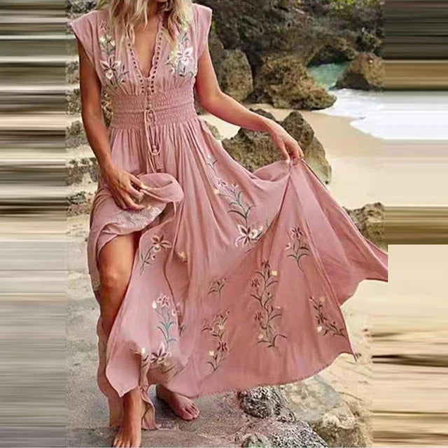Veelzijdige dames bohemian maxi jurk met V-hals, borduursels. Geschikt als elegante zomer- of vakantiejurk.