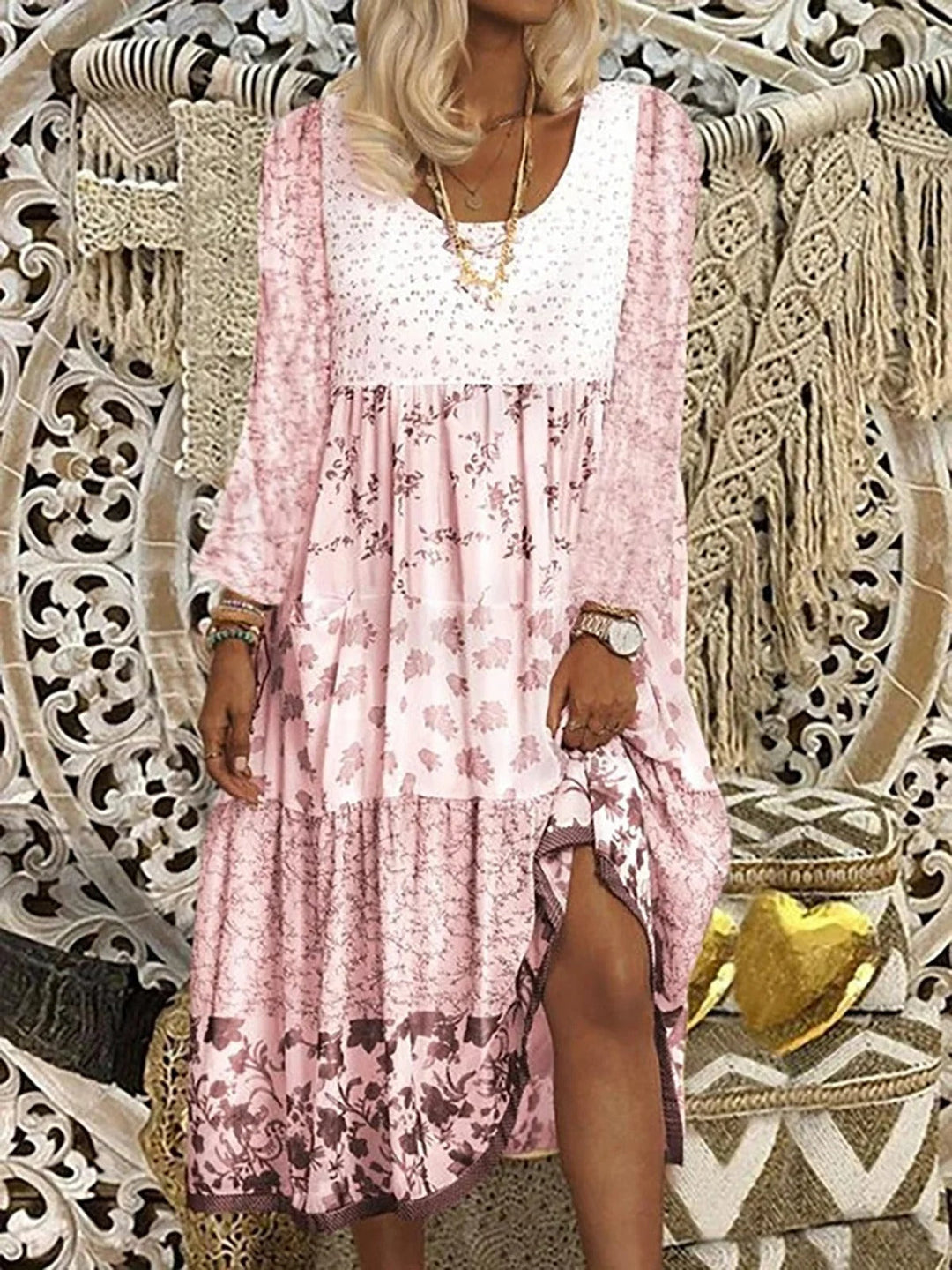 "Boho damesjurk O-hals bloemenmotief viscose materiaal H-lijn pasvorm, maat S-3XL, stijlvolle bohemian jurk"