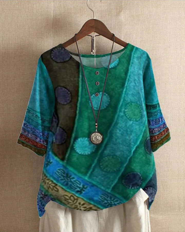 "Boho top dames met wijnoogstprint, comfortabele losvallende pasvorm, ideaal voor elegante en alledaagse gelegenheden."