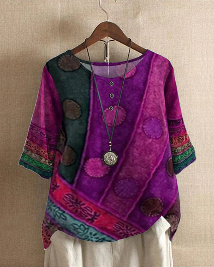 "Boho top dames met wijnoogstprint, comfortabele losvallende pasvorm, ideaal voor elegante en alledaagse gelegenheden."