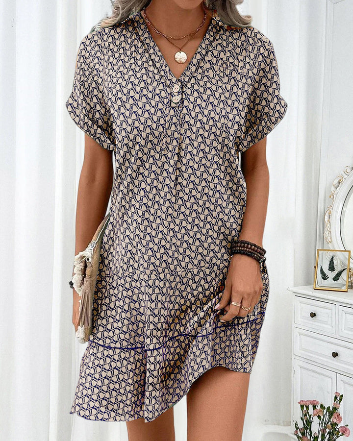 Comfortabele bedrukte zomerjurk met v-hals voor dames, een veelzijdige casual lentejurk in bruintinten.