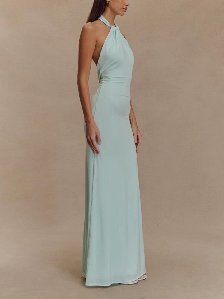 Elegante lange dames maxi-jurk met hoge hals. Perfecte feestjurk of avondjurk voor een stijlvolle look.
