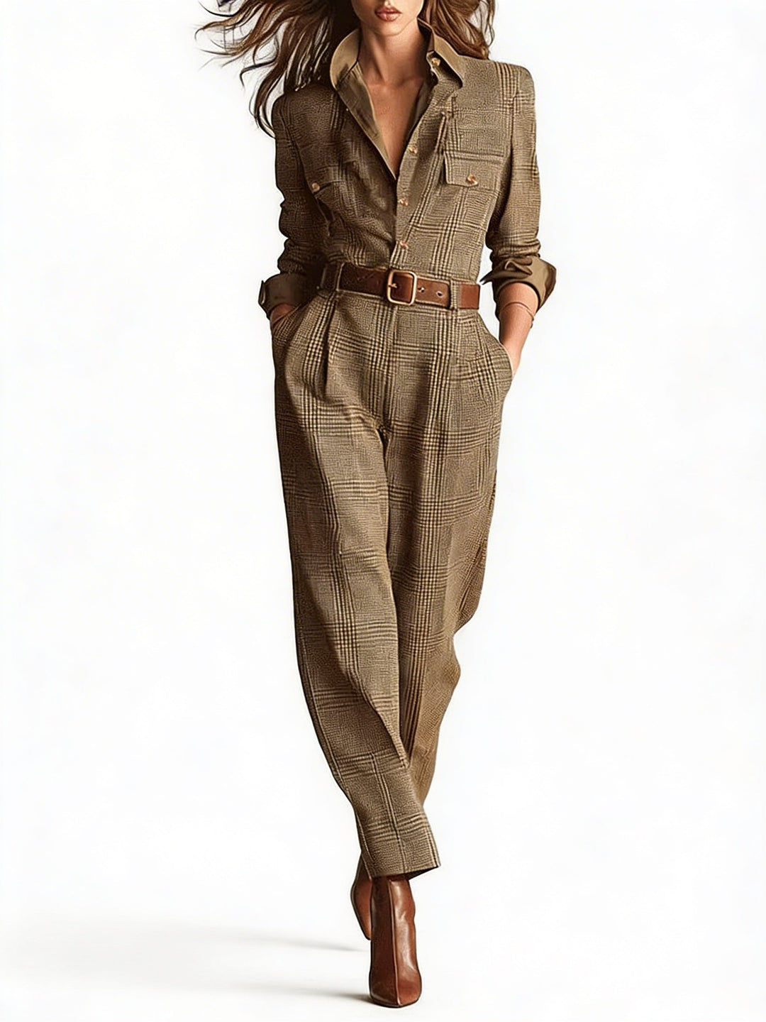 Bruine geruite dames jumpsuit met kraag en borstzakken, ideaal voor een zakelijke of chique look.