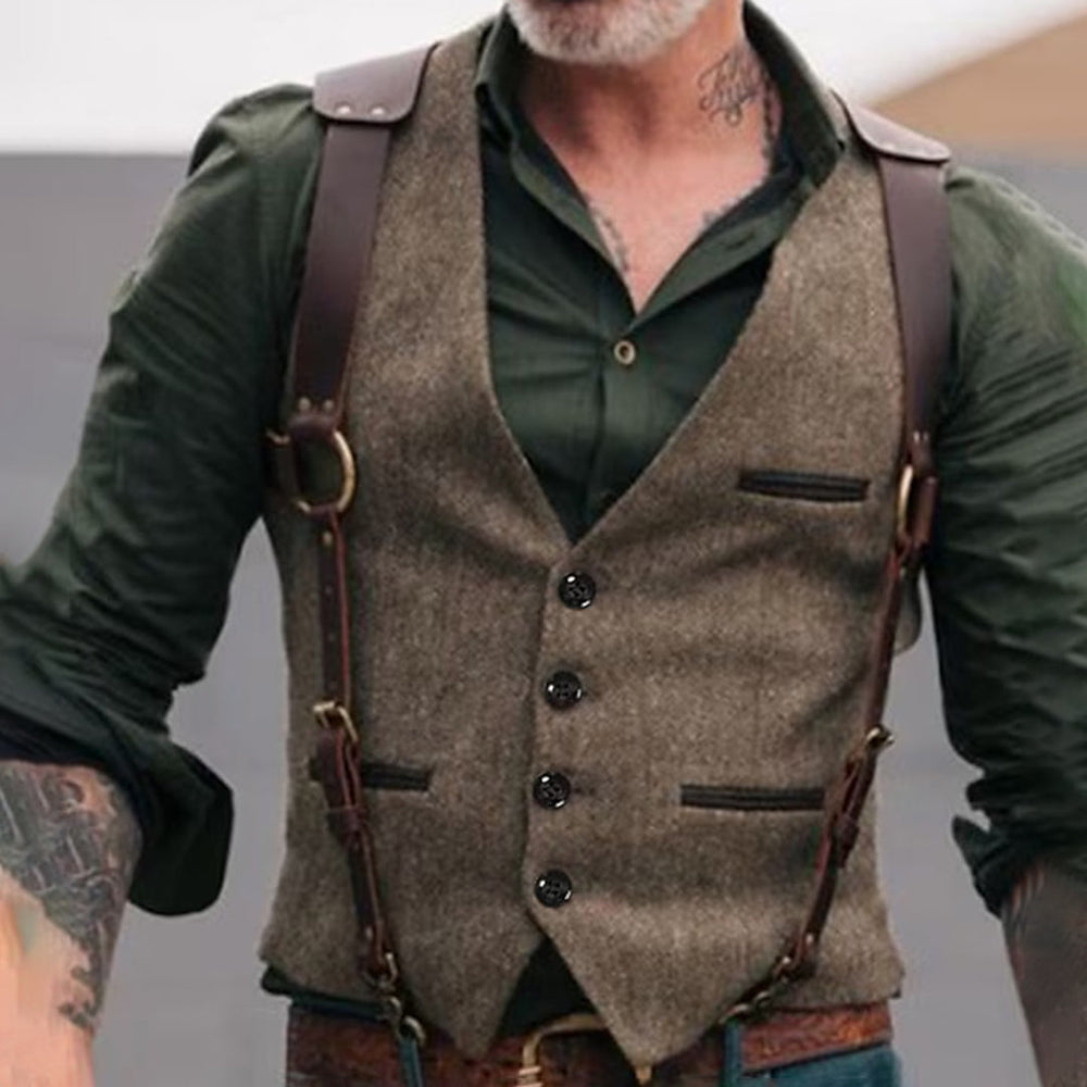 Bruine lederen heren gilet, tijdloos en stijlvol, voor elke gelegenheid, beschikbaar in bruin, zwart en grijs.