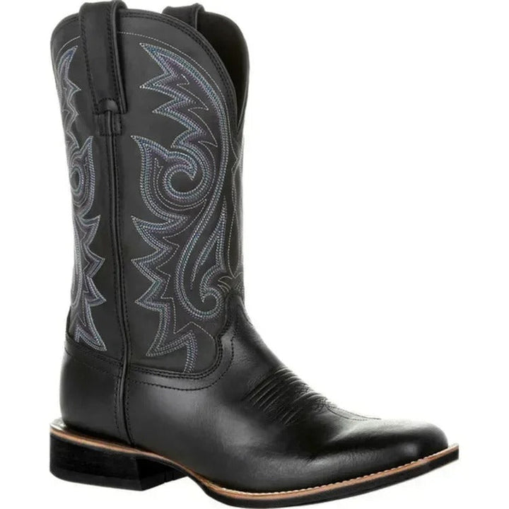 "Bruine leren cowboylaarzen heren, westernstijl, mid-kuit, vierkante teen, totempatroon, duurzame PU constructie."