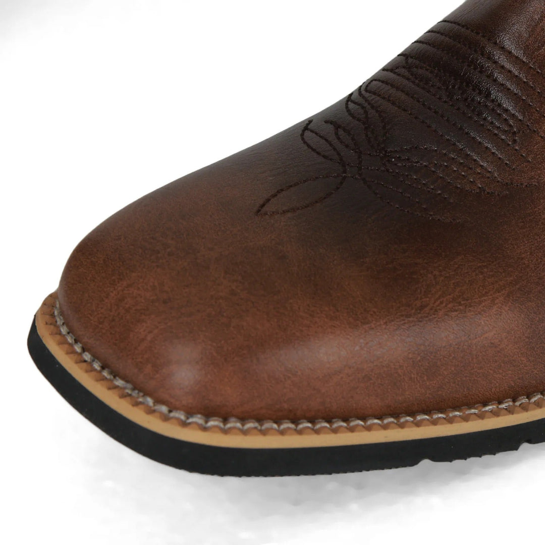 "Bruine leren cowboylaarzen heren, westernstijl, mid-kuit, vierkante teen, totempatroon, duurzame PU constructie."