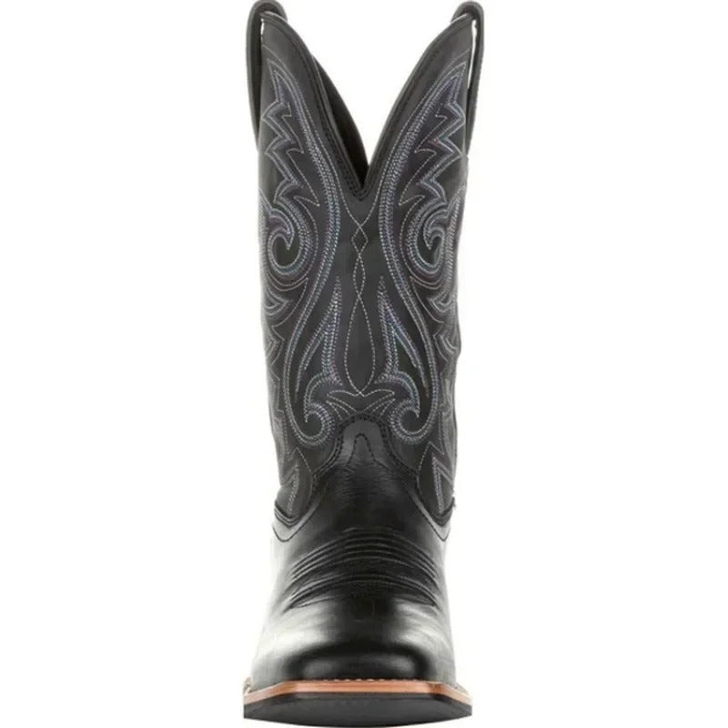 "Bruine leren cowboylaarzen heren, westernstijl, mid-kuit, vierkante teen, totempatroon, duurzame PU constructie."