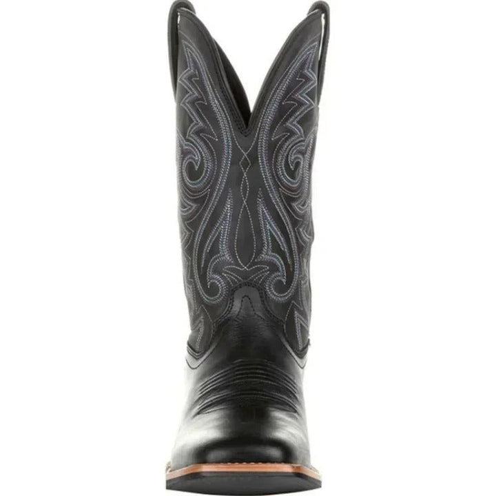 "Bruine leren cowboylaarzen heren, westernstijl, mid-kuit, vierkante teen, totempatroon, duurzame PU constructie."