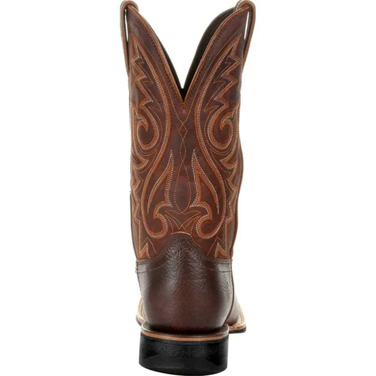"Bruine leren cowboylaarzen heren, westernstijl, mid-kuit, vierkante teen, totempatroon, duurzame PU constructie."