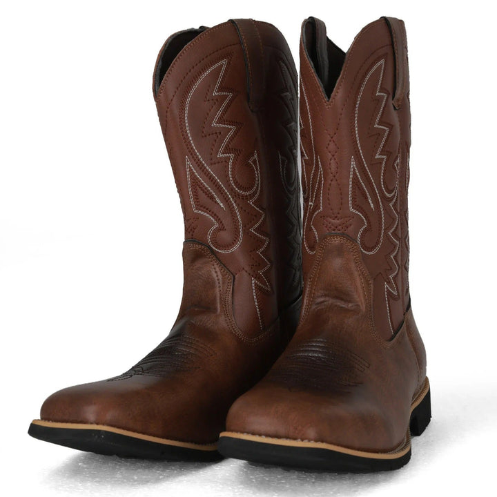"Bruine leren cowboylaarzen heren, westernstijl, mid-kuit, vierkante teen, totempatroon, duurzame PU constructie."