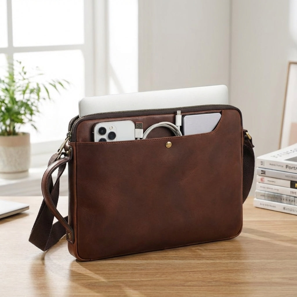 Bruine leren heren laptoptas van Leatherix; stijlvolle bescherming voor MacBook en documenten, ideaal voor zakelijk gebruik.