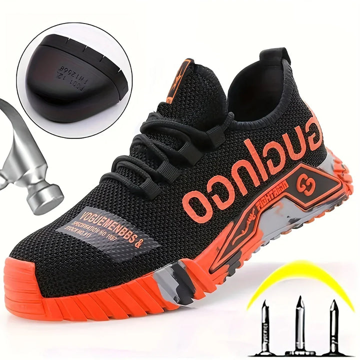 "Bruine werkschoenen met stalen neus, antislipzool en kevlar tussenzool voor bescherming en comfort op de werkvloer."