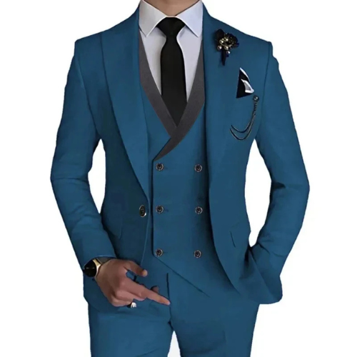 "Cambridge 3-delig slim fit pak heren: tijdloze, elegante set met blazer, vest en pantalon in luxe stretchstof."