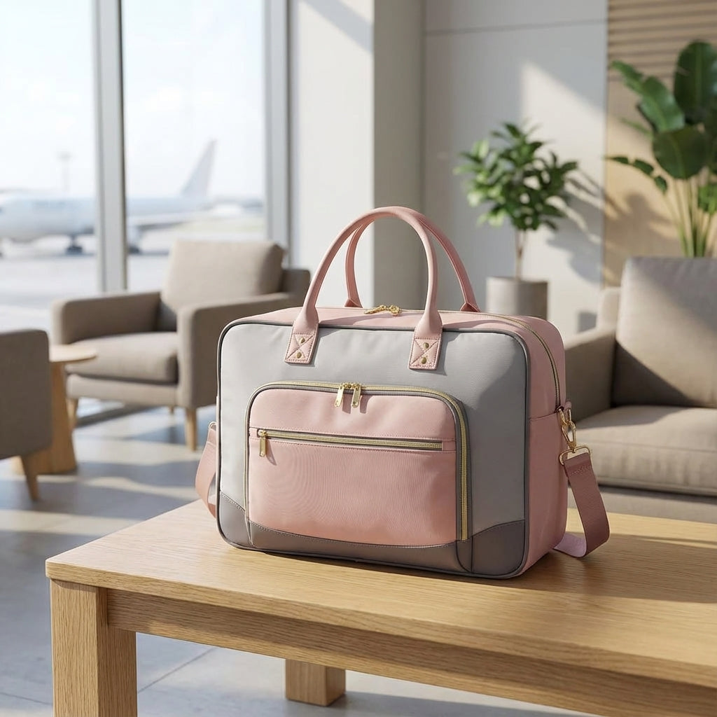 CarrySmart vierdelige reisset open, met georganiseerde vakken voor laptop, kleding en toiletartikelen.