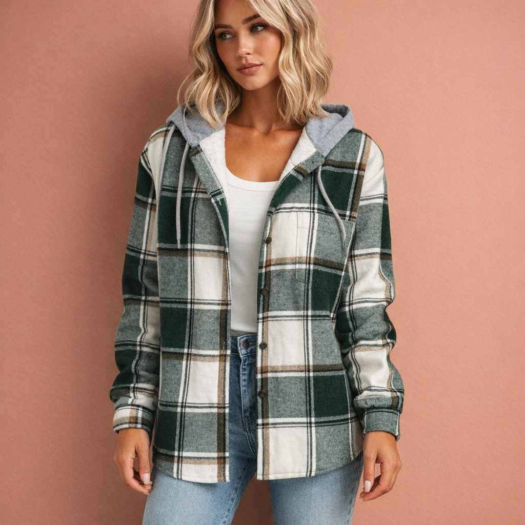 Casual dames overshirt met capuchon en knoopsluiting, ideaal als overgangsjas voor lente/herfst.