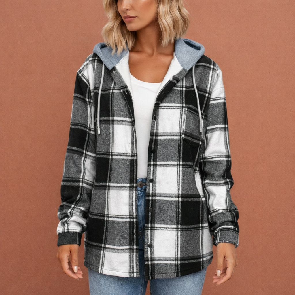 Stijlvol dames overshirt met capuchon en knoopsluiting, een veelzijdige casual overgangsjas.