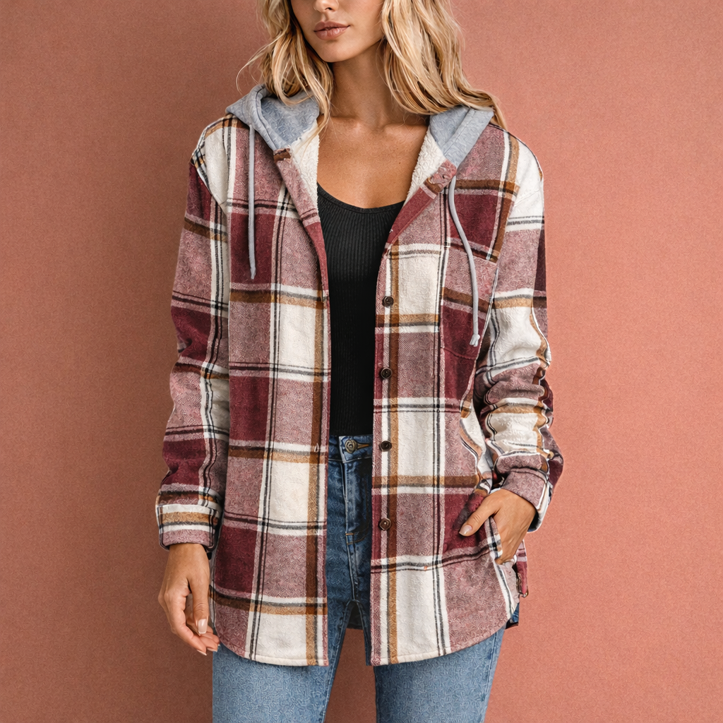 Warm dames overshirt met capuchon voor lente en herfst. Comfortabele overgangsjas met knoopsluiting.