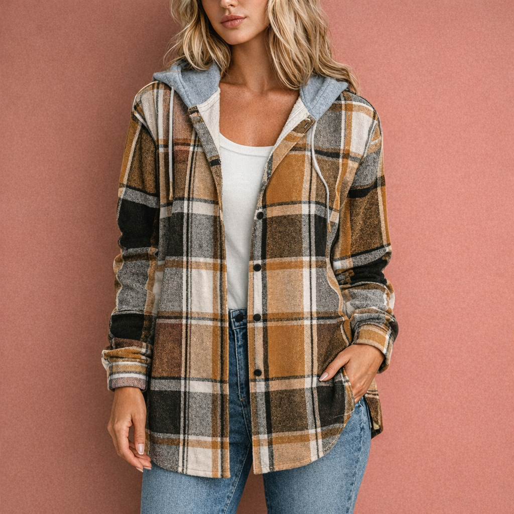 Modern dames overshirt met capuchon en knoopsluiting. Een casual en comfortabele overgangsjas.