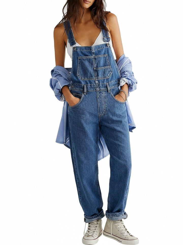 Casual dames tuinbroek met verstelbare banden, ruime zakken en een relaxte pasvorm, ideaal voor lente/zomer.