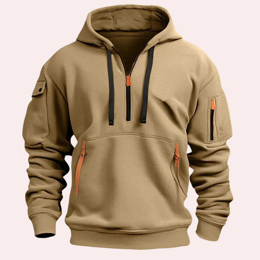"Casual grijze heren hoodie met half zip, hoogwaardig materiaal, verstelbare capuchon, stijlvol en comfortabel ontwerp."