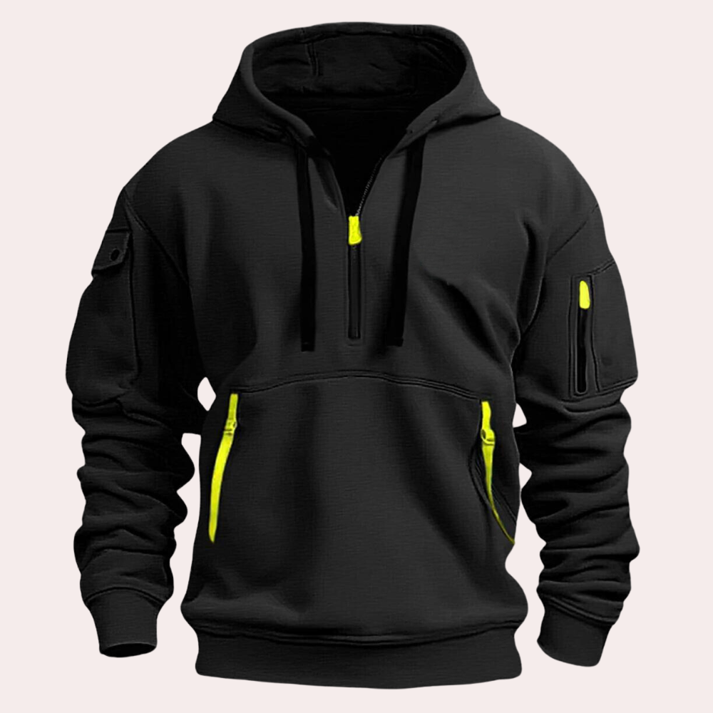 "Casual grijze heren hoodie met half zip, hoogwaardig materiaal, verstelbare capuchon, stijlvol en comfortabel ontwerp."