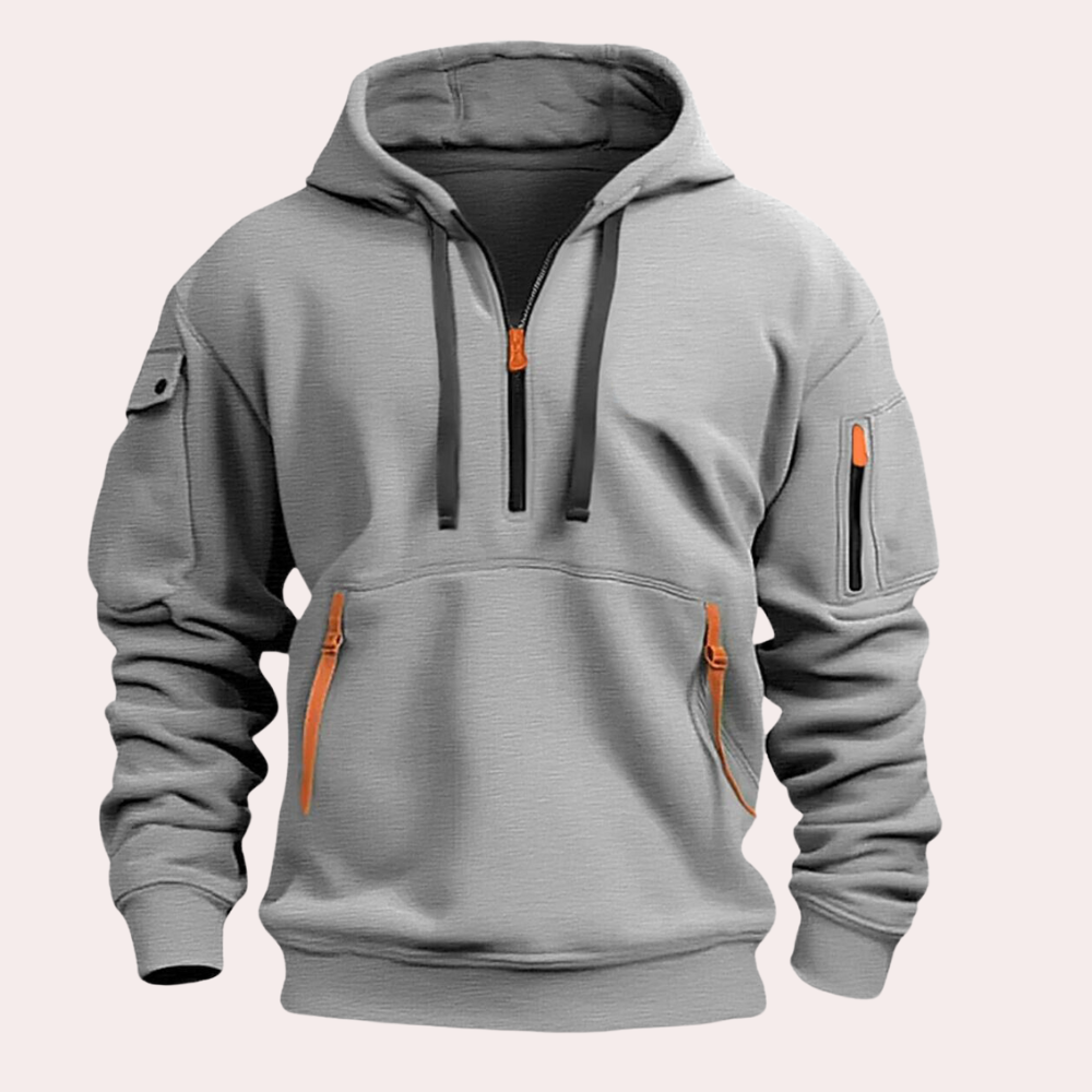 "Casual grijze heren hoodie met half zip, hoogwaardig materiaal, verstelbare capuchon, stijlvol en comfortabel ontwerp."