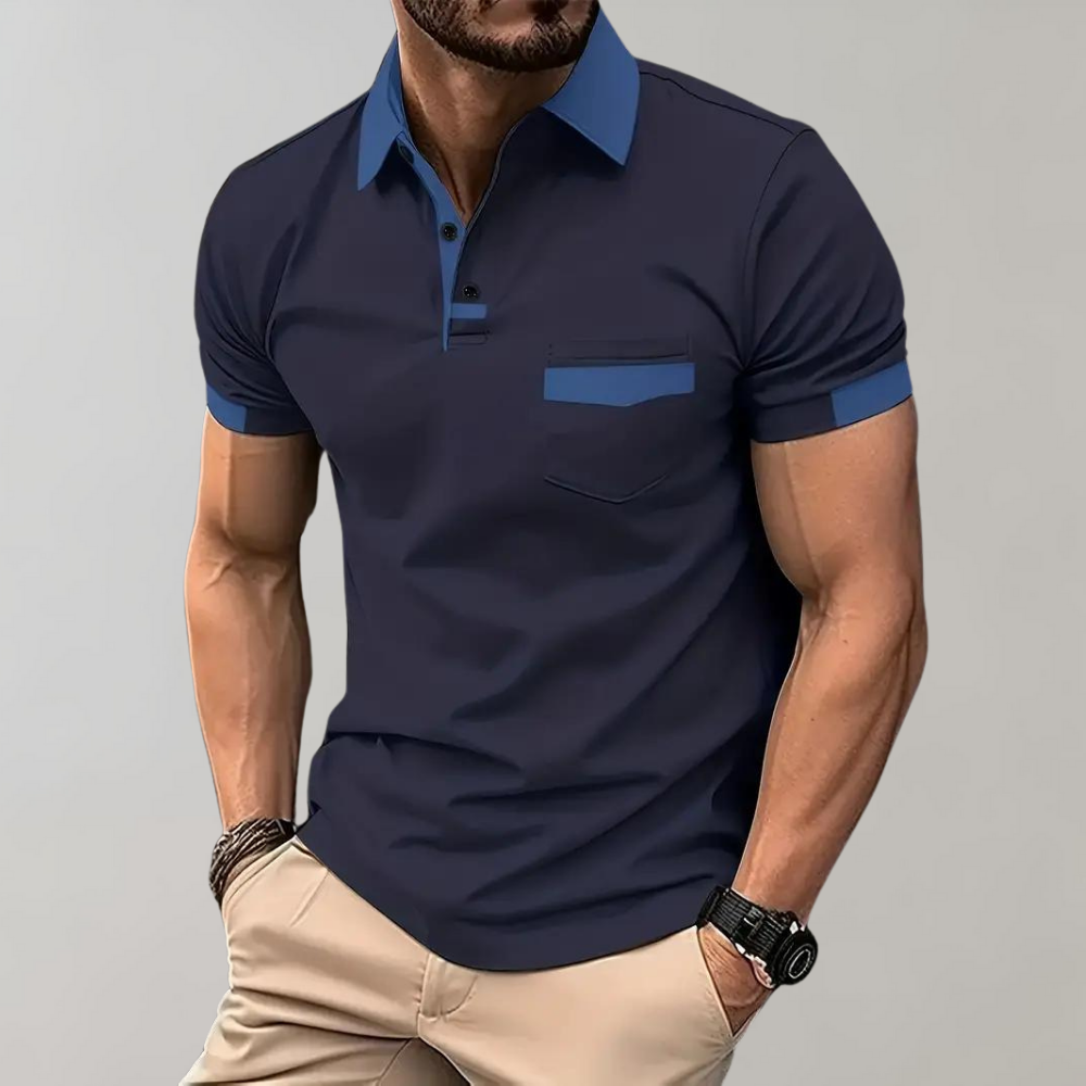 "Casual herenpolo in polyester, stijlvol ontwerp met knopen en korte mouwen, ademend en kreukbestendig."