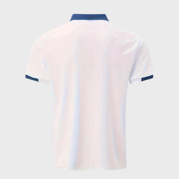 "Casual herenpolo in polyester, stijlvol ontwerp met knopen en korte mouwen, ademend en kreukbestendig."