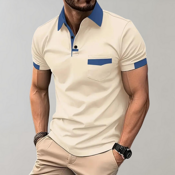 "Casual herenpolo in polyester, stijlvol ontwerp met knopen en korte mouwen, ademend en kreukbestendig."