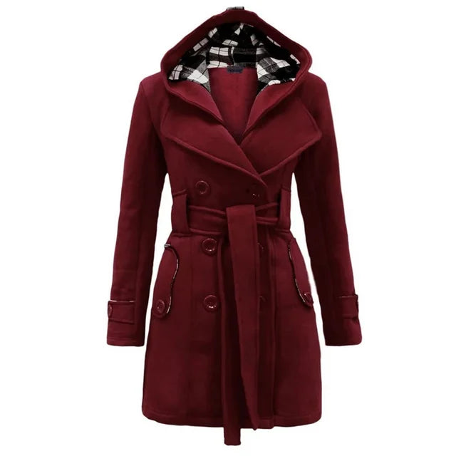 Vrouw draagt elegante dames trenchcoat, ideaal voor dagelijks gebruik.