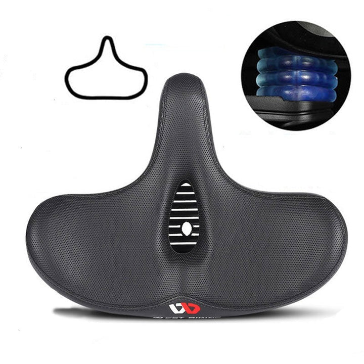 Ademend comfort fietszadel met ventilatiekanaal, ideaal voor lange fietstochten.