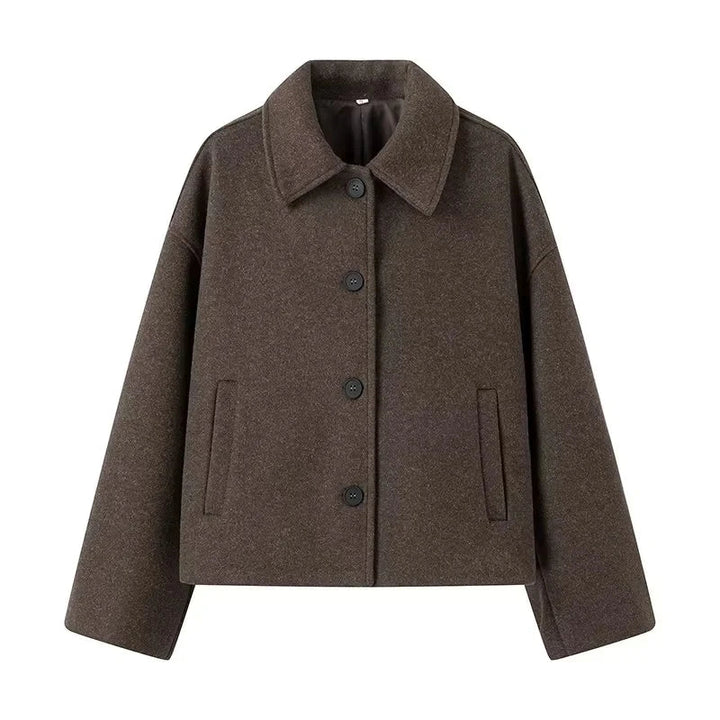 Elegante korte dames jas met trendy oversized pasvorm in bruin. Ideaal als warme winterjas.