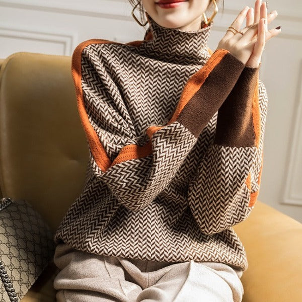 Gestreept dames trui, gebreid voor winter comfort. Oranje en groene strepen, stijlvolle casual mode.