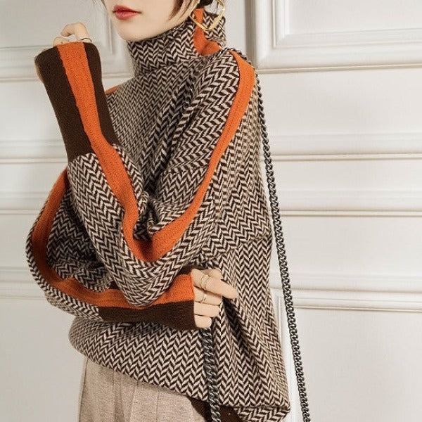 Warme dames gestreepte trui in oranje & groen. Comfortabele gebreide wintertrui, stijlvolle casual modekleding.
