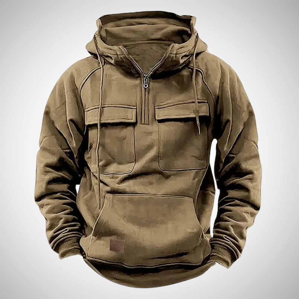 Stijlvolle heren hoodie met moderne pasvorm, rits en sportieve look. Perfect voor herfst en winter.