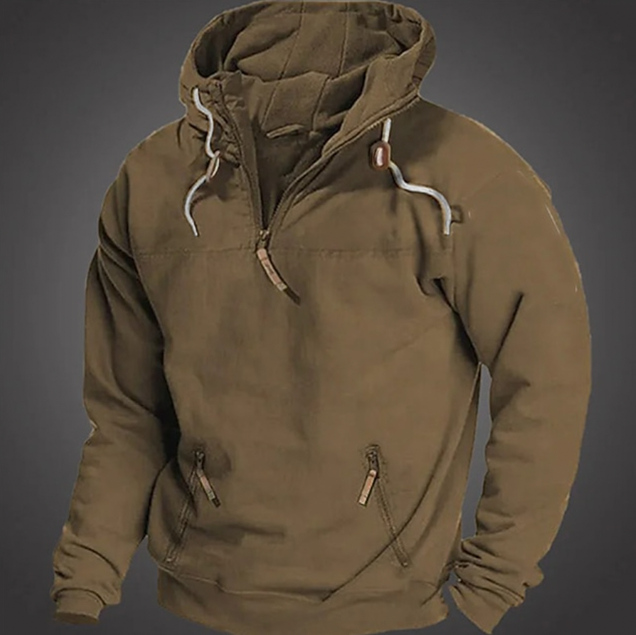 Modieuze heren hoodie met rits en hoge kraag, perfect voor een sportieve of casual outfit in de winter.