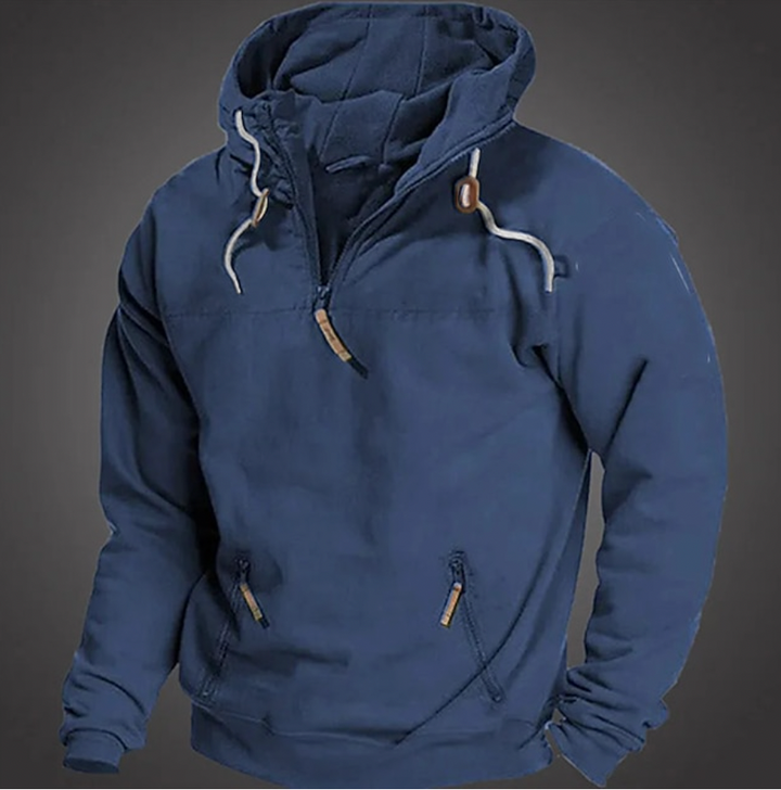 Casual heren hoodie met volledige ritssluiting en hoge kraag, een comfortabele keuze voor mannen kleding.