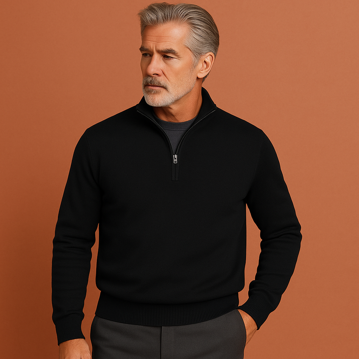 Moderne heren polotrui met kwartrits, een essentiële trui voor een comfortabele en stijlvolle outfit.