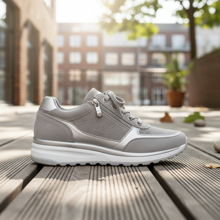 Stijlvolle grijze en groene orthopedische sneakers, ademend en dempend voor langdurig comfort.