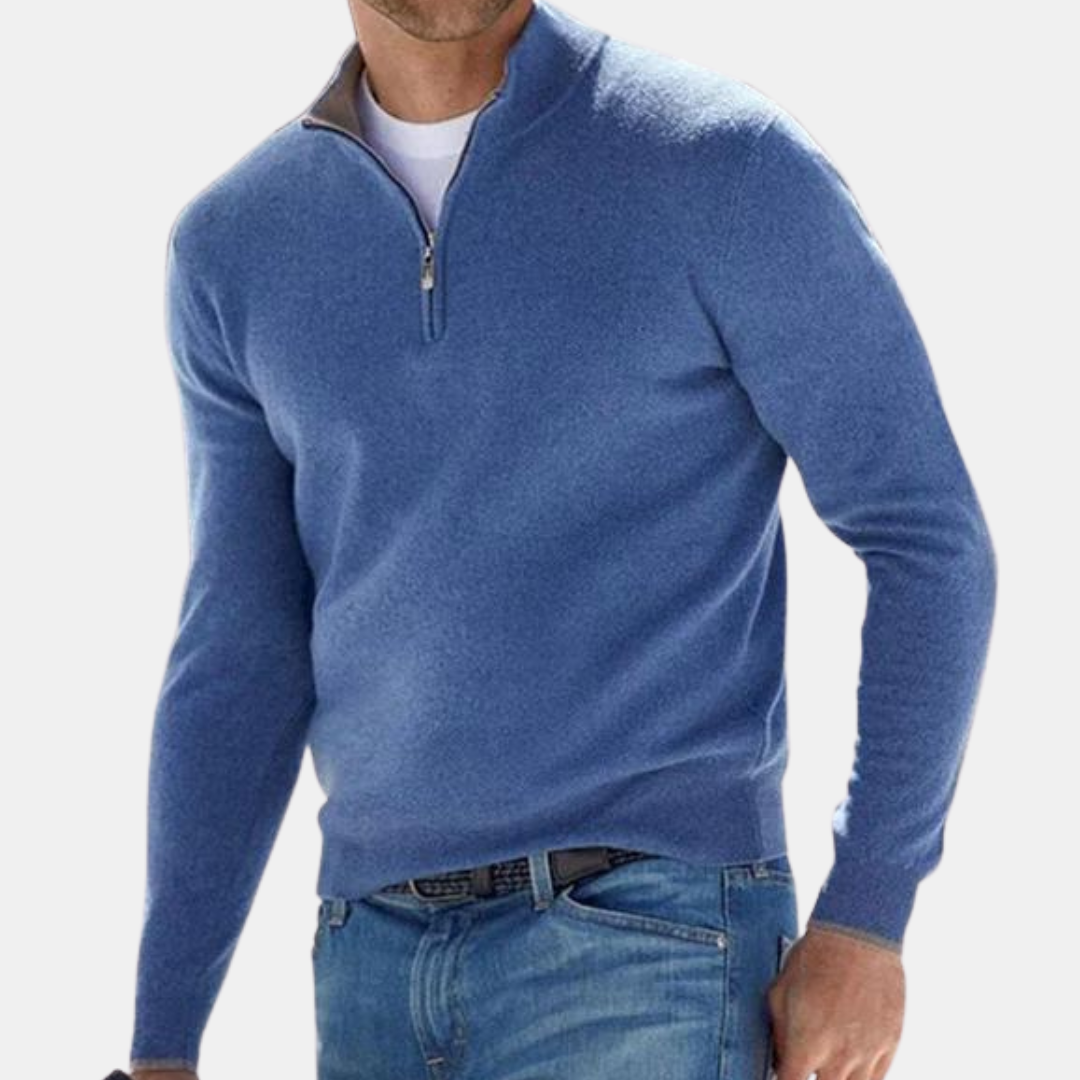 Comfortabele, stijlvolle blauwe heren trui met halve rits, ideaal voor casual dagelijkse kleding.