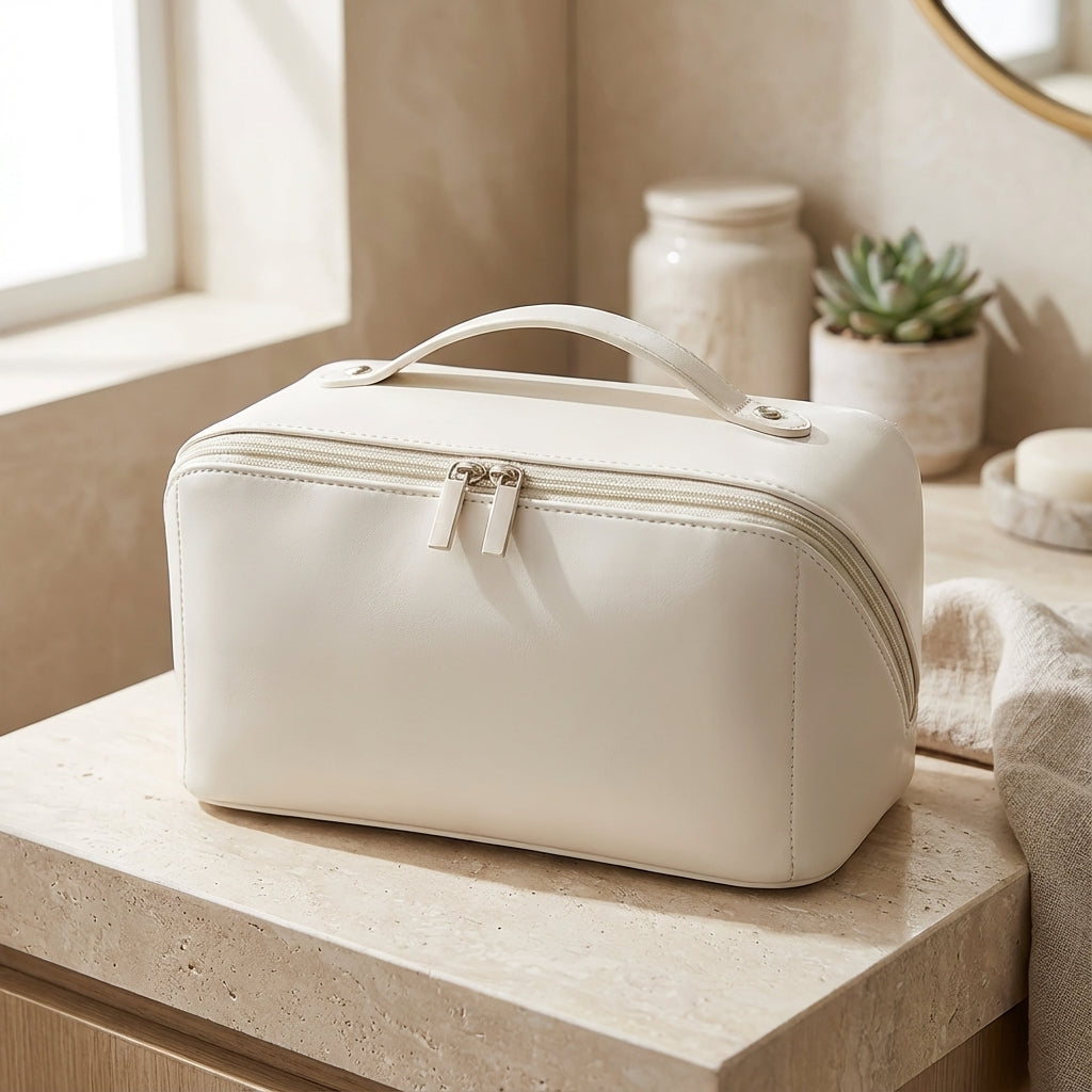 Compact zwart make-up reistasje Glambox met rits, perfect voor georganiseerde cosmetica op reis.