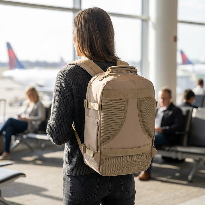 Compacte 30 liter reisrugzak NomadLite, ideaal als handbagage voor dames en heren. Lichtgewicht en veelzijdig.