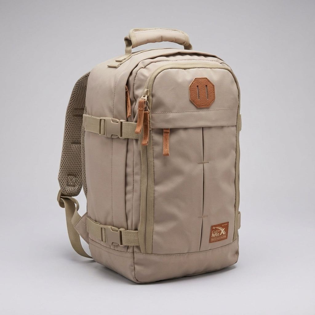 Dame draagt de lichtgewicht 30 liter reisrugzak als handbagage, perfect voor vliegreizen.