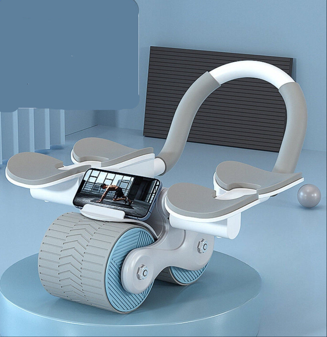 "Compacte buikspiertrainer met EVA-schuim handgrepen en automatische terugvering voor efficiënte core training thuis."