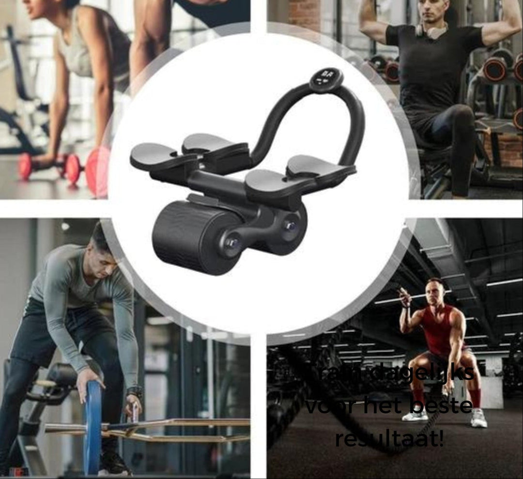 "Compacte buikspiertrainer met EVA-schuim handgrepen en automatische terugvering voor efficiënte core training thuis."