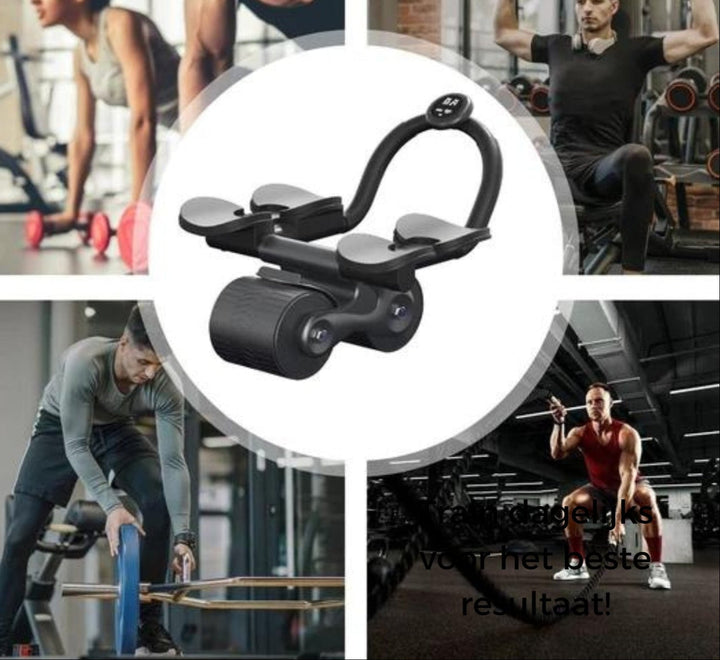 "Compacte buikspiertrainer met EVA-schuim handgrepen en automatische terugvering voor efficiënte core training thuis."